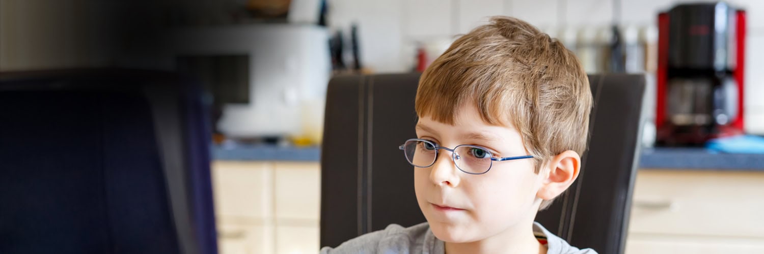 Grade 2 primary school boy with glasses reading online.