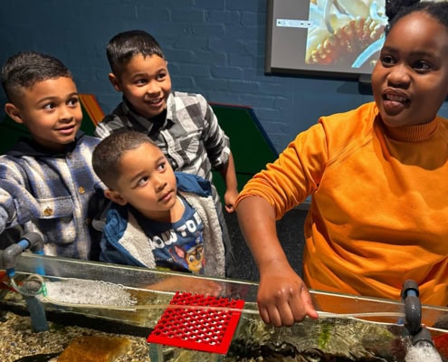 Primary school children enjoying an interactive activity during the Two Oceans Aquarium field trip in 2024.